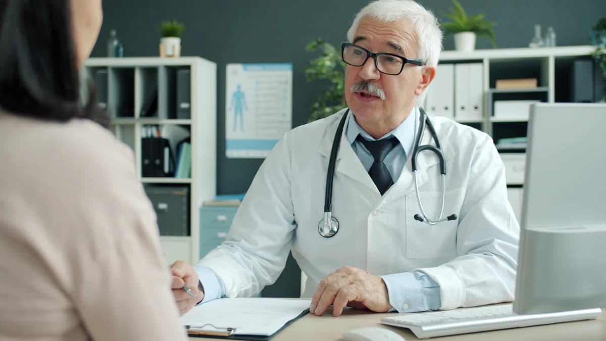 An older adult speaking with a pharmacist at a pharmacy counter