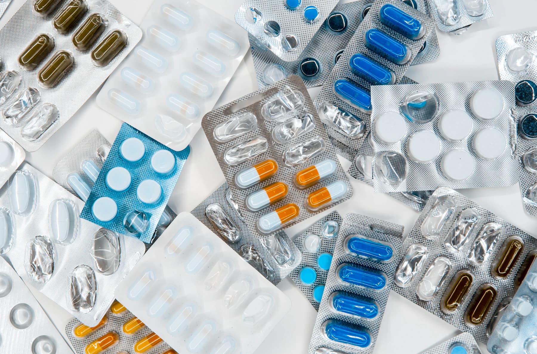Prescription medicines arranged on a clean pharmacy counter