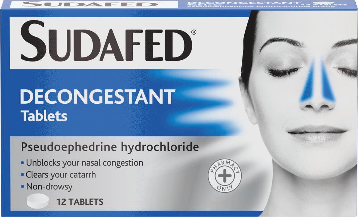 Sudafed Decongestant Tablets pack, pseudoephedrine hydrochloride 60 mg, 12 tablets